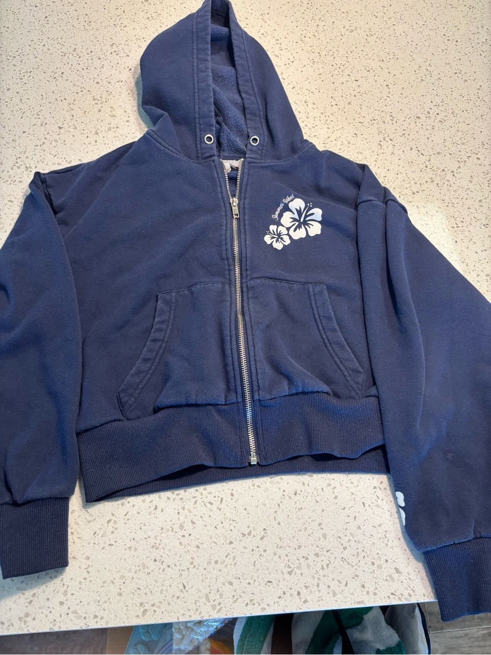 Teen Girl Navy Zip-Up Hoodie with Floral Print